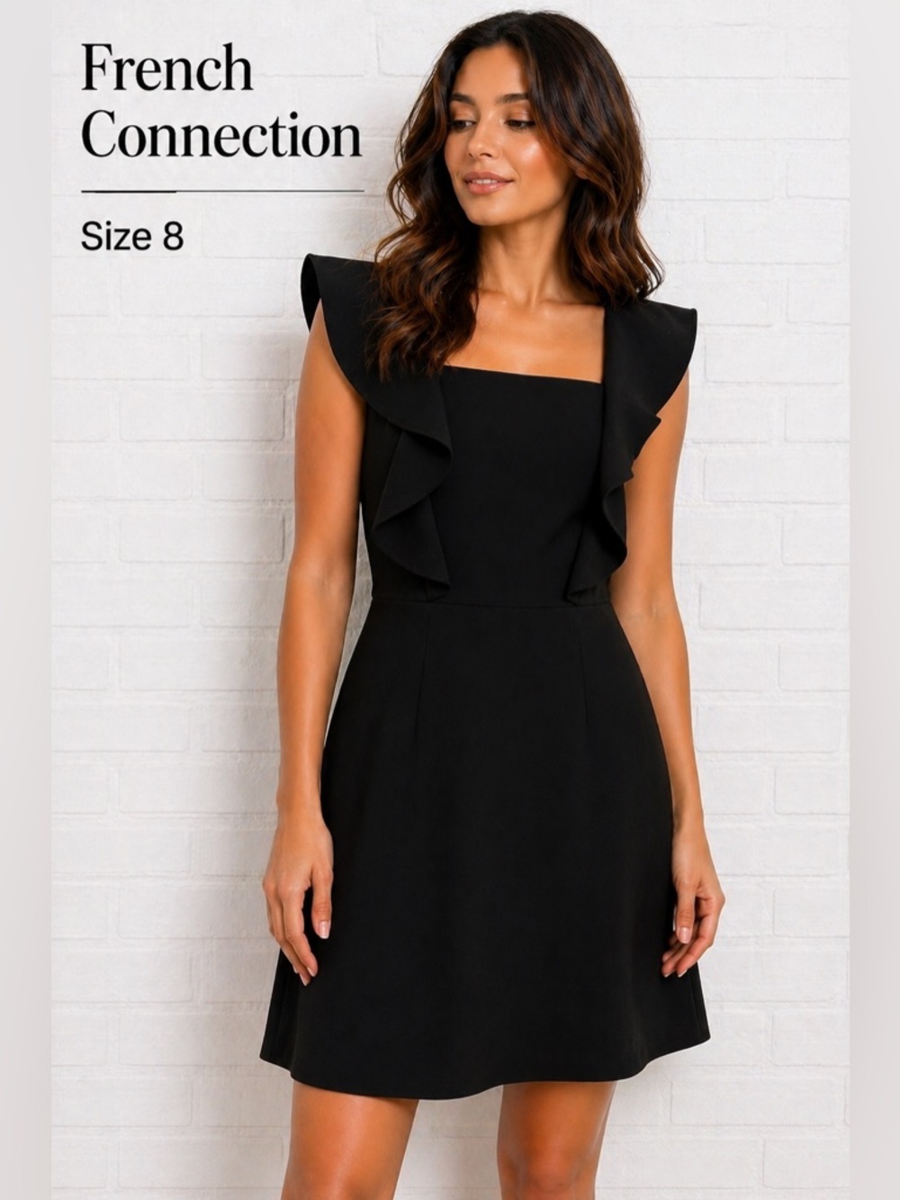 French Connection Black Ruffle Sleeve Dress Cottagecore Elegant Fit & Flare/8
